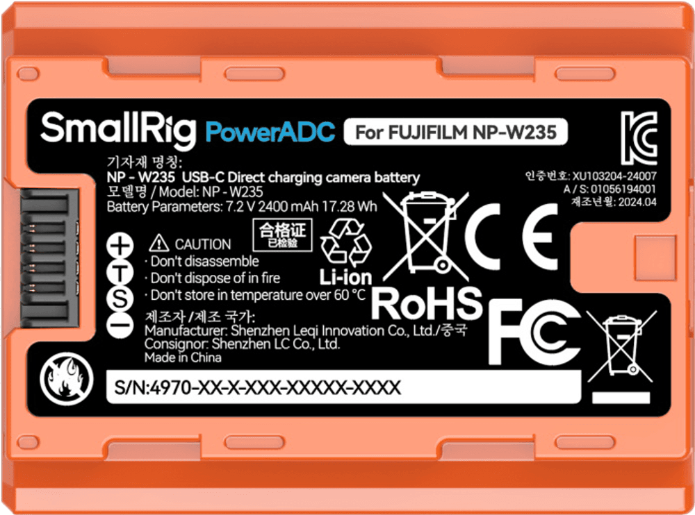 SmallRig 4970 NP-W235 USB-C Rechargeable Camera Battery Orange